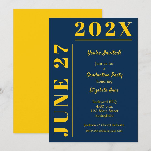 Invitación Fiesta de Graduación Amarillo y Azul (Anverso / Reverso)