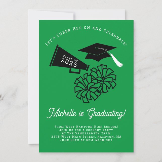 Invitación Fiesta de Graduación animadora Verde y Negro (Anverso)