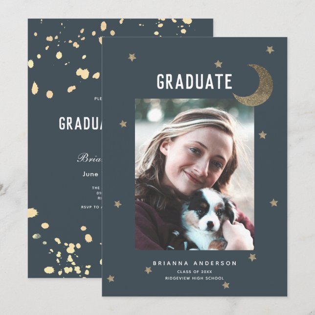 Invitación Fiesta de graduación azul de la Marina Gold Moon & (Anverso / Reverso)