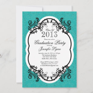 Invitación Fiesta de graduación azul estilo Vieja Damasco