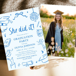 Invitación Fiesta de Graduación Azul Hecha a Mano Moderna