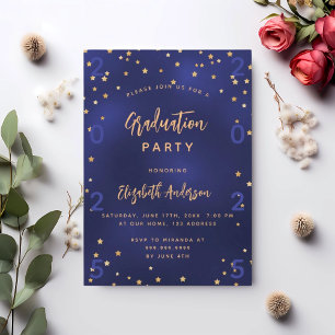 Invitación Fiesta de graduación azul marino estrellas doradas