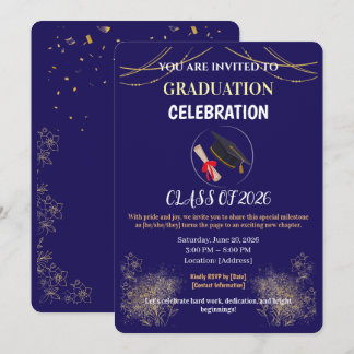 Invitación Fiesta de Graduación Azul Marino y Dorado Save the