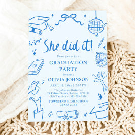 Invitación Fiesta de graduación azul moderna hecha a mano