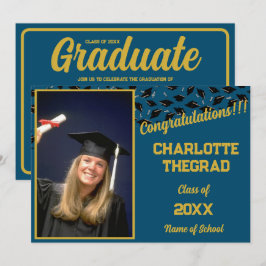 Invitación Fiesta de Graduación Azul y Dorado Foto Personaliz