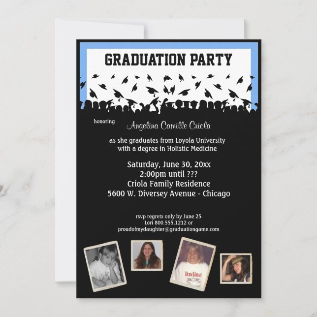 Invitación Fiesta de graduación azul y negra de la silueta (Anverso)