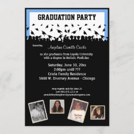Invitación Fiesta de graduación azul y negra de la silueta