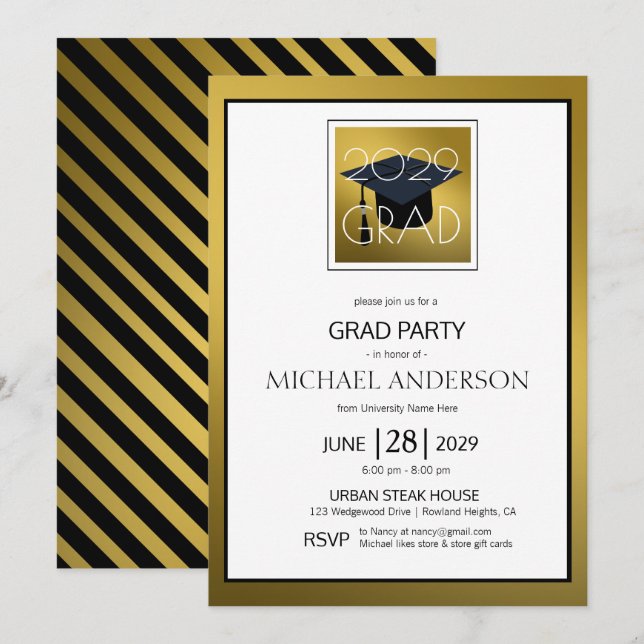 Invitación Fiesta de graduación blanca del graduado del varón (Anverso / Reverso)