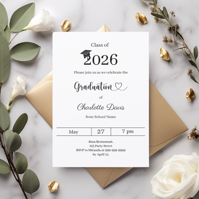 Invitación Fiesta de graduación blanco negro clase de 2026 (Subido por el creador)