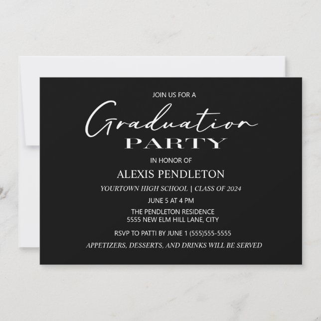 Invitación Fiesta de Graduación Blanco y Negro (Anverso)