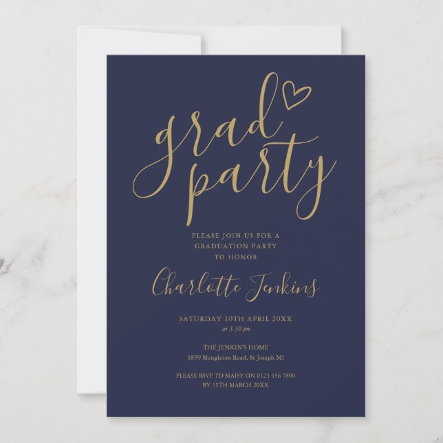 Invitación Fiesta de Graduación Blue Gold Grad Party Script C (Anverso)