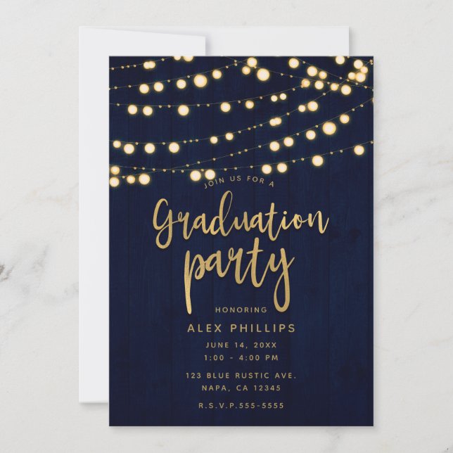 Invitación Fiesta de Graduación Blue Gold Rustic Wood & Light (Anverso)