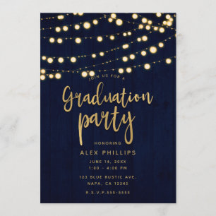Invitación Fiesta de Graduación Blue Gold Rustic Wood & Light