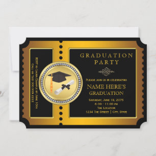 Invitación Fiesta de Graduación Boleto Negro y Dorado