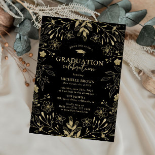 Invitación Fiesta de Graduación Botánica Negra y Dorada