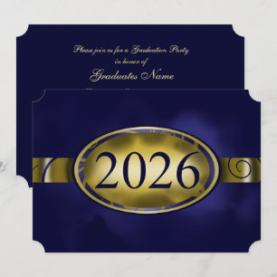 Invitación Fiesta de Graduación Botón Floral Azul y Dorado 20