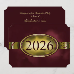 Invitación Fiesta de Graduación Botón Floral Dorado y Granate