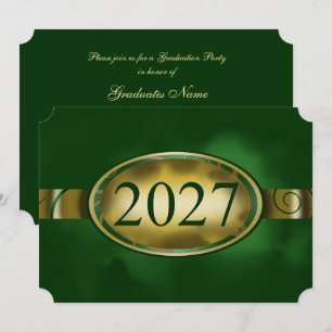 Invitación Fiesta de Graduación Botón Floral Verde y Dorado 2