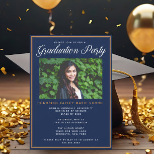 Invitación Fiesta de Graduación Chic Azul Marino Dorado