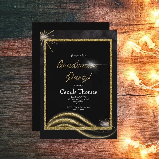 Invitación Fiesta de Graduación Chic Script Gold Glitter  (Subido por el creador)
