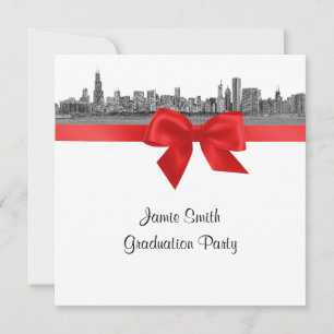 Invitación Fiesta de Graduación Chicago Skyline Grabado BW Ro