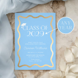 Invitación Fiesta de Graduación Cielo Azul Onda Dorada
