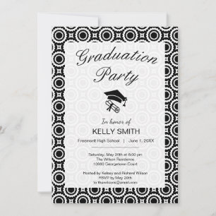 Invitación Fiesta de graduación círculos zigzag blancos negro