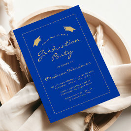 Invitación Fiesta de Graduación Clásica Azul con Borde Dorado
