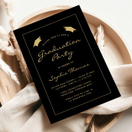 Invitación Fiesta de Graduación Clásica Negra con Borde Dorad