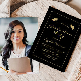 Invitación Fiesta de Graduación Clásica Negra con Borde Dorad
