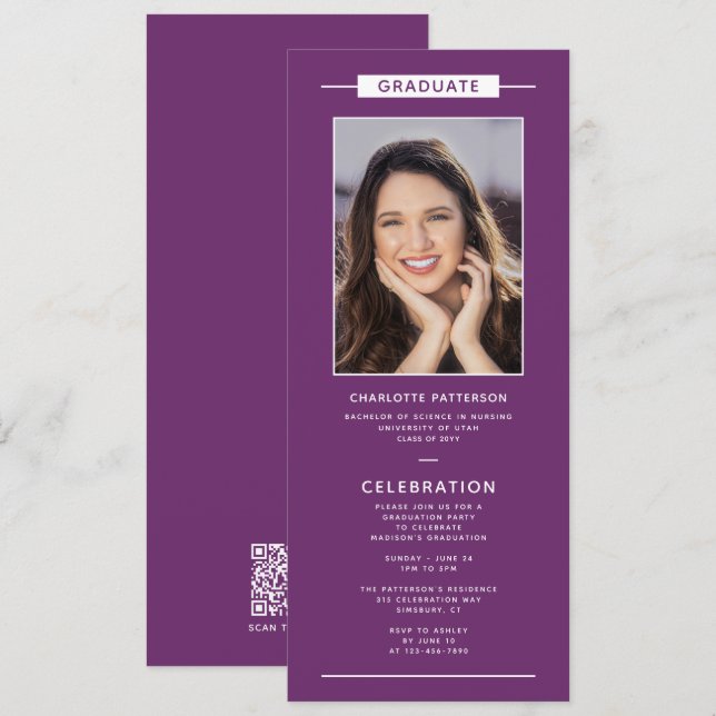 Invitación Fiesta de Graduación Código QR de Foto Simple Mode (Anverso / Reverso)