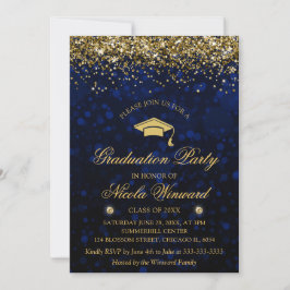 Invitación Fiesta de Graduación con Bokeh Azul y Brillo Dorad
