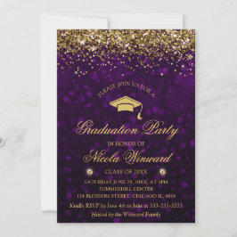 Invitación Fiesta de Graduación con Bokeh Morado y Brillo Dor