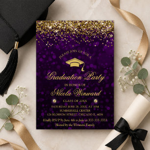 Invitación Fiesta de Graduación con Bokeh Morado y Brillo Dor
