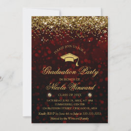 Invitación Fiesta de Graduación con Bokeh Rojo y Brillo Dorad
