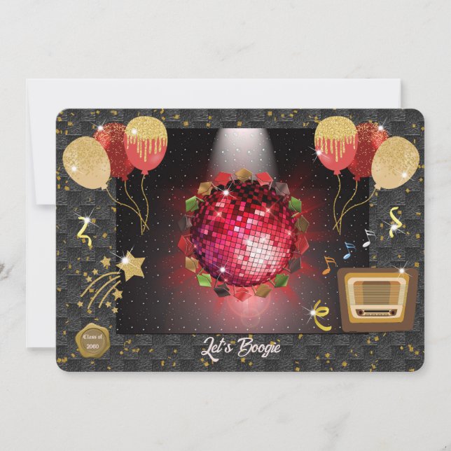 Invitación Fiesta de Graduación con Bola de Disco Roja (Anverso)