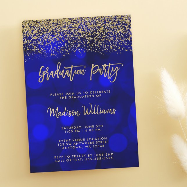Invitación Fiesta de Graduación con Brillo Dorado Falso Azul  (Subido por el creador)