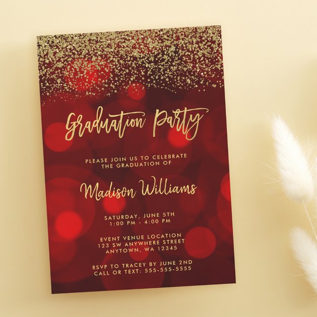 Invitación Fiesta de Graduación con Brillo Dorado Falso Rojo  (Subido por el creador)