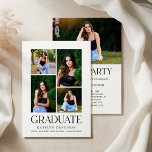Invitación Fiesta de graduación con collage moderno<br><div class="desc">Celebra a tu graduado con esta invitación moderna a la fiesta de graduación que incluye un collage limpio de cuatro fotos en la parte frontal y tipografía audaz de “Grad Party” en estilo serif clásico. Personaliza el nombre del graduado, escuela, fecha, hora y ubicación. La parte trasera mantiene la simplicidad...</div>