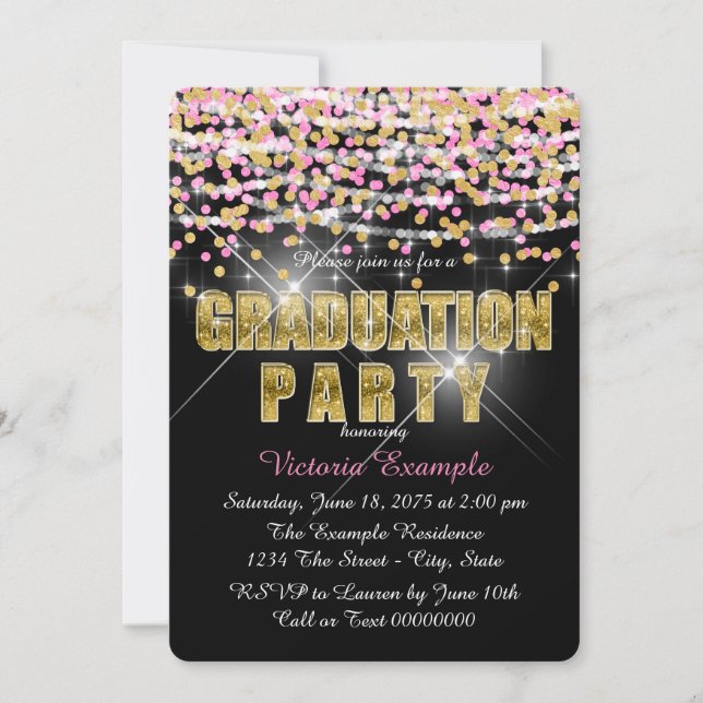 Invitación Fiesta de graduación con confeti brillante de rosa (Anverso)