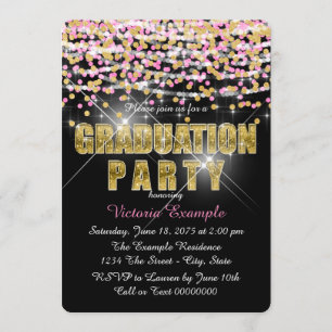 Invitación Fiesta de Graduación con Confeti Brillante Rosa y 