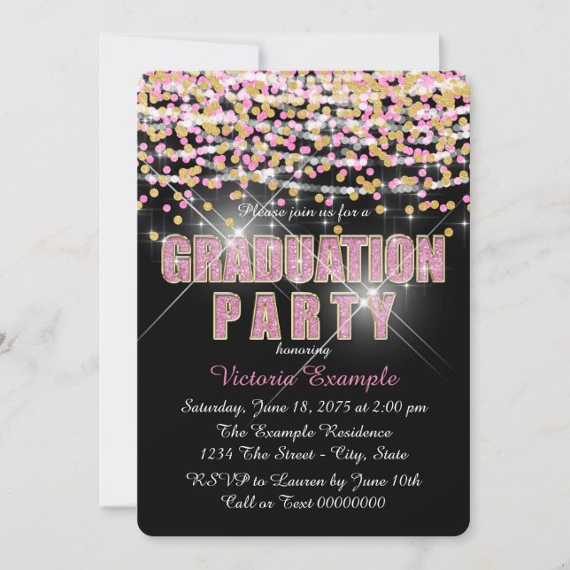 Invitación Fiesta de graduación con confeti brillante rosa y  (Anverso)