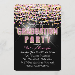 Invitación Fiesta de Graduación con Confeti de Brillo Rosa y 