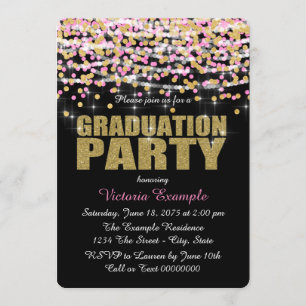 Invitación Fiesta de graduación con confeti rosa y dorado
