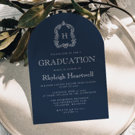 Invitación Fiesta de Graduación con Cresta de Monograma Azul