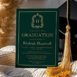 Invitación Fiesta de Graduación con Cresta de Monograma Dorad