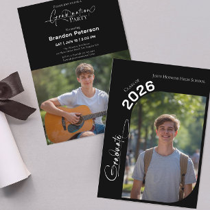 Invitación Fiesta de Graduación con Dos Fotos Simple en Blanc