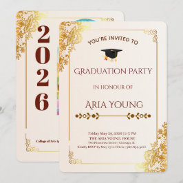 Invitación Fiesta de Graduación con Encaje Dorado y Floral El