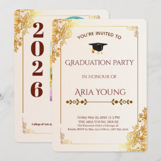 Invitación Fiesta de Graduación con Encaje Dorado y Floral El