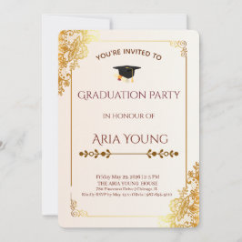 Invitación Fiesta de Graduación con Encaje Dorado y Floral El